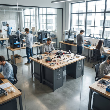 In a sunlit, industrial-style workshop, a team of focused engineers and designers work on advanced technology, developing a drone and utilizing 3D printers for rapid prototyping.の素材