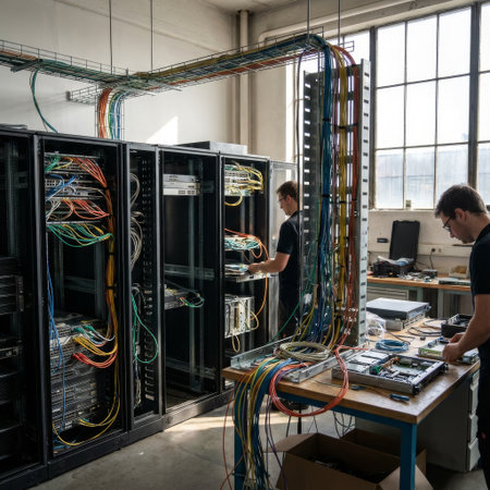 Two focused IT technicians work diligently in a sunlit server room, installing hardware and managing a complex network of colorful cables in tall black racks.の素材