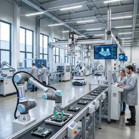 Showcasing Industry 4.0, engineers oversee a cobot placing PCBs on a conveyor in a high-tech, automated manufacturing plant with autonomous mobile robots.の素材