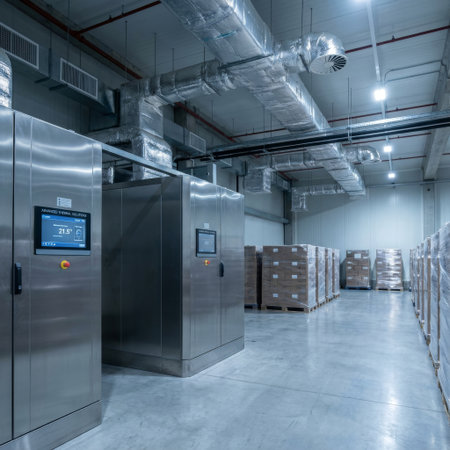 A pristine, high-tech warehouse with advanced thermal control machinery. Insulated HVAC ducts line the ceiling above neatly stacked pallets, ensuring a precise climate for storage.の素材