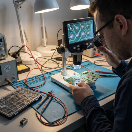 A focused technician in a workshop meticulously inspects a circuit board, using both a digital microscope and a handheld loupe for detailed analysis of the microelectronics.の素材