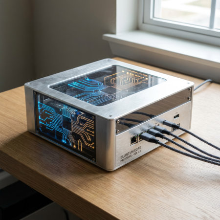 A high-tech Quantum Core Prototype device, version 3.5, showcased on a wooden desk. Its brushed metal and glass case reveals intricate, glowing blue and orange circuitry.の素材