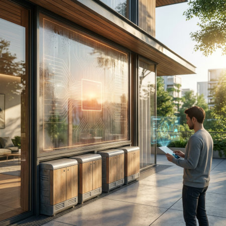 A man on a modern patio uses a tablet with a holographic UI to manage his smart home's energy, visualized by a glowing CPU graphic on the window and battery storage units.の素材