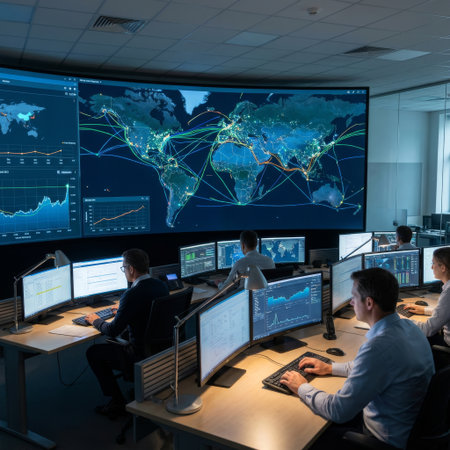 Professionals in a high-tech command center analyze complex global data displayed on a massive, curved video wall and multiple workstations.の素材
