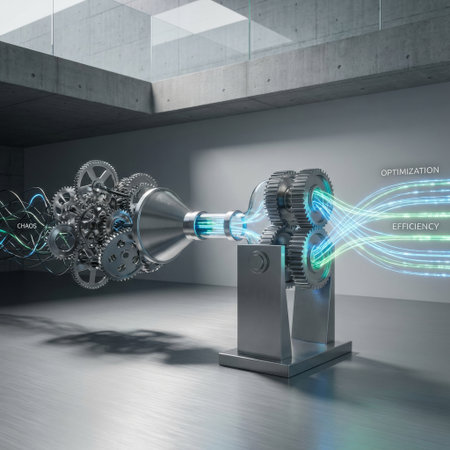 A conceptual machine in a concrete hall transforms tangled chaotic energy into streamlined efficiency and optimization, visualized by glowing light trails passing through gears.の素材