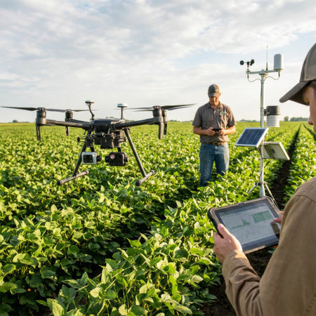 In a vast soybean field, two agronomists deploy a high-tech drone and analyze real-time data from a weather station, revolutionizing modern agricultural practices.の素材