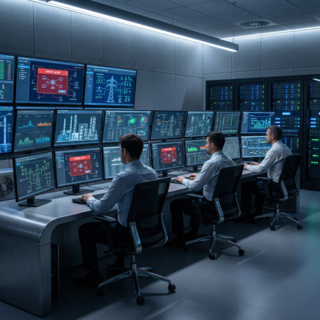 Three focused engineers in a modern, blue-lit control room analyze a critical threat alert on multiple screens, managing complex industrial and power grid data from a server room.の素材