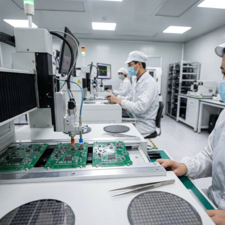 Technicians in protective cleanroom suits work on a high-tech electronics assembly line, manufacturing printed circuit boards with automated robotic machinery.の素材