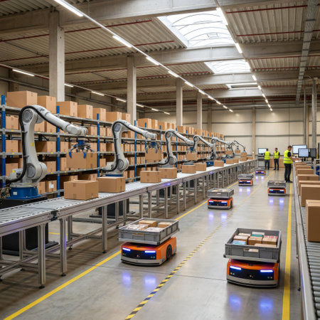 High-tech automation in a distribution center: robotic arms and self-driving carts manage inventory while workers monitor the seamless, efficient workflow on computers.の素材