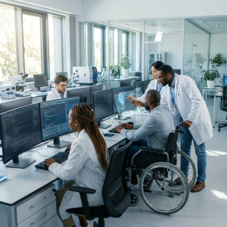 A diverse team of scientists collaborates in a sunlit, modern lab. An engineer in a wheelchair and his colleagues analyze a futuristic 3D brain model on a computer screen.の素材