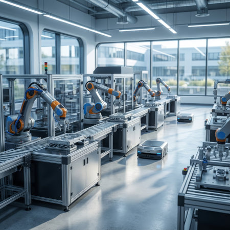 High-tech automation on display: Robotic arms and autonomous mobile robots operate on a production line in a modern, sunlit factory, showcasing the future of manufacturing.の素材