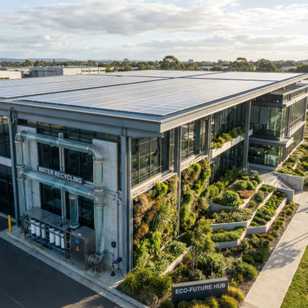 Aerial view of the Eco-Future Hub, a modern office with solar panels, a vertical garden, and a prominent water recycling system, showcasing sustainable corporate design.の素材