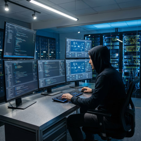 A focused, anonymous programmer in a black hoodie works at a multi-monitor setup, writing code in a cool, blue-lit server room filled with glowing data racks.の素材