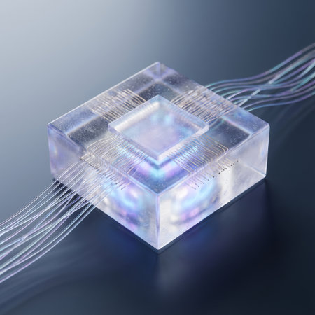Close-up of a conceptual quantum computing chip. A luminous crystal cube with an iridescent core and fine fiber optic connections, symbolizing future technology and AI.の素材
