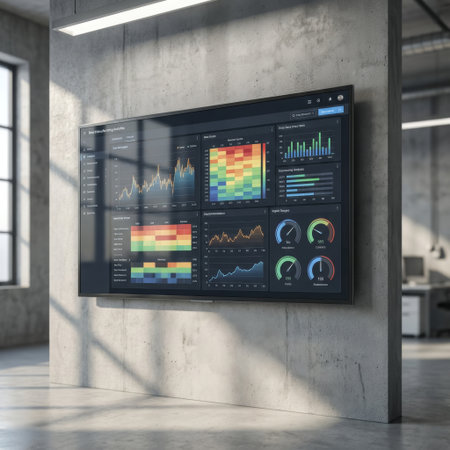In a sunlit, modern industrial office, a large flat-screen monitor mounted on a textured concrete wall displays a complex business intelligence dashboard with colorful graphs.の素材