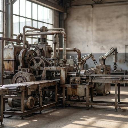 An intricate, rusted vintage assembly line with gears and robotic arms sits idle in a sunlit, abandoned factory, evoking a sense of industrial history and the passage of time.の素材