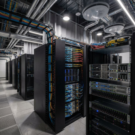 A wide-angle view down an aisle in a modern data center, showcasing rows of black server racks with blinking lights and immaculate, colorful cable management under an industrial ceiling.の素材