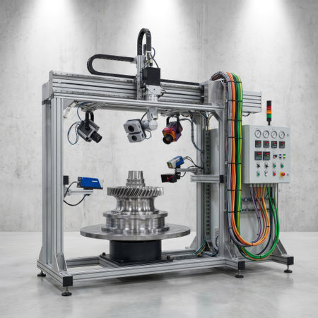 An automated robotic gantry with multiple optical sensors and cameras performs a 3D quality inspection on a large metal gear in a modern industrial facility.の素材