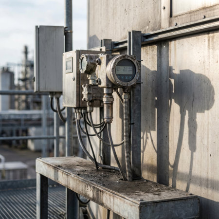 Close-up of a weathered industrial sensor with a digital display monitoring gas levels in PPM. The device is mounted outdoors, casting a stark shadow on a concrete factory wall.の素材