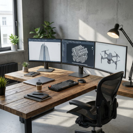 A high-tech engineering workstation in a modern industrial loft, featuring a triple monitor setup displaying complex 3D CAD models of architecture, an engine, and a drone.の素材