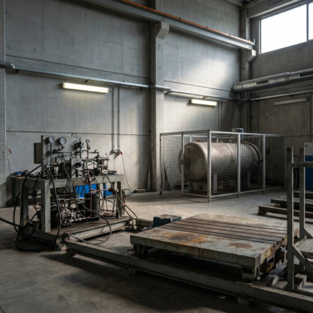 A wide view of a stark industrial testing facility with raw concrete walls. A hydraulic test bench sits beside a large pressure vessel secured within a wire mesh safety cage.の素材