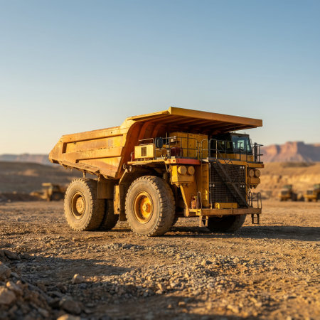A massive yellow haul truck is parked in a dusty open-pit mine at sunset. The warm, golden light highlights its immense scale and rugged texture, symbolizing industrial power.の素材