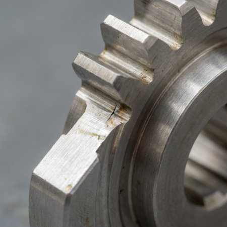 A detailed macro photograph captures a critical fatigue crack on a worn metal gear tooth, highlighting mechanical stress, wear, and the risk of imminent industrial failure.の素材