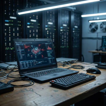 Close-up of a laptop on a rustic wooden desk in a server room, its screen glowing with complex network analysis graphs against a backdrop of blurred server racks.の素材