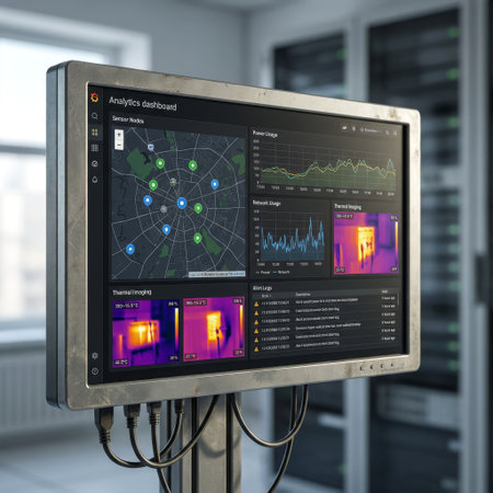 A rugged industrial monitor displays a real-time IoT analytics dashboard with a sensor map, thermal imaging, and system alerts in a high-tech control room environment.の素材