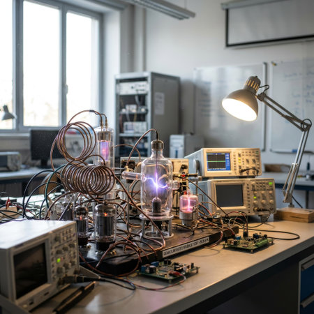 A complex quantum interference experiment on a lab bench, featuring glowing purple plasma arcs in glass vacuum tubes, oscilloscopes, and tangled wires under a bright desk lamp.の素材