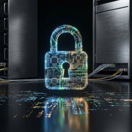 A glowing holographic padlock, made of intricate digital circuitry, stands guard in a dark server room, symbolizing robust cybersecurity and data encryption.の素材