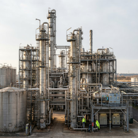 Two workers in bright hi-vis jackets stand amidst the complex maze of pipes and towers at a vast chemical refinery, showcasing industrial scale and human oversight.の素材