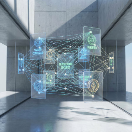 Conceptual 3D render of a decentralized blockchain. Luminous nodes and smart contracts connect on floating transparent screens within a stark, sunlit concrete building.の素材