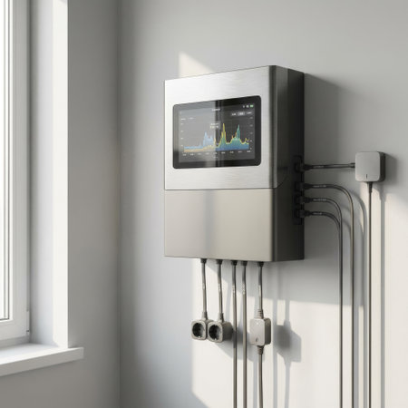A high-tech smart home energy management hub with a brushed steel finish, displaying real-time data on a screen. Mounted on a wall, it showcases modern efficiency and control.の素材