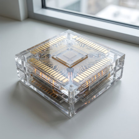 A high-angle shot of a futuristic quantum computing processor prototype resting on a white windowsill, illuminated by soft daylight, its intricate gold circuitry visible through a clear case.の素材