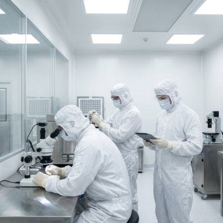 Three scientists in full protective bunny suits work in a sterile, brightly lit cleanroom. One examines a sample under a microscope while colleagues collaborate with a tablet.の素材