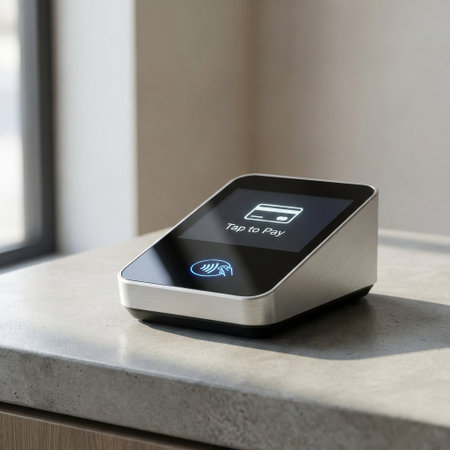 A modern, brushed metal contactless payment terminal sits on a concrete counter, its screen glowing with a 'Tap to Pay' prompt, ready for a quick, secure transaction.の素材