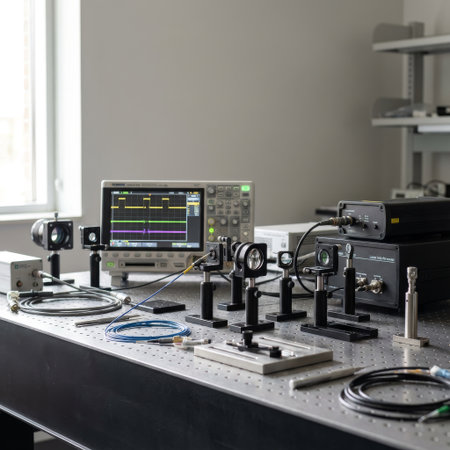 A sophisticated laser interferometry experiment arranged on a perforated optical table in a bright, modern research laboratory. A digital oscilloscope displays complex waveforms.の素材