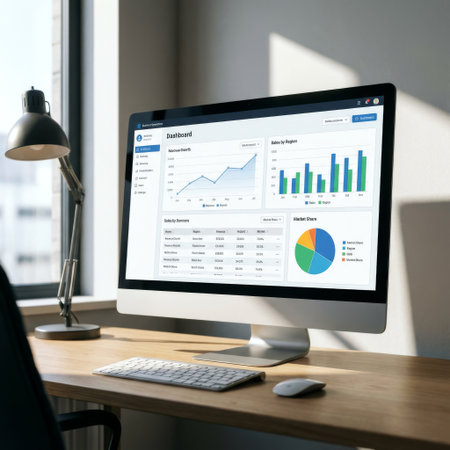 A professional workspace setup with a computer monitor showcasing a business performance dashboard, complete with financial charts, graphs, and data for strategic analysis.の素材