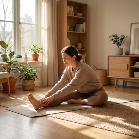 A calm woman practices a morning yoga stretch on a mat in her sunlit living room. Warm light streams through the window, creating a peaceful and mindful atmosphere at home.の素材