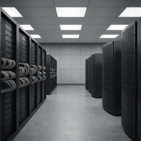 A pristine, modern data center aisle flanked by symmetrical rows of black server racks. Neat cables on the left contrast with sleek, enclosed units on the right under bright lights.の素材