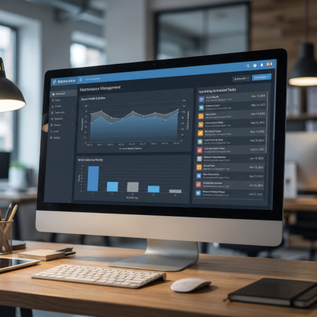 Close-up of a sleek computer screen showing a maintenance management software dashboard with data analytics, graphs, and scheduled tasks in a modern, organized office workspace.の素材