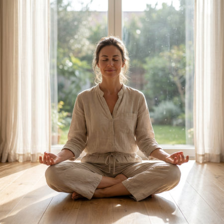 A serene woman in beige loungewear meditates in lotus pose on a wooden floor, bathed in soft sunlight from a large window overlooking a peaceful garden. A moment of pure calm.の素材