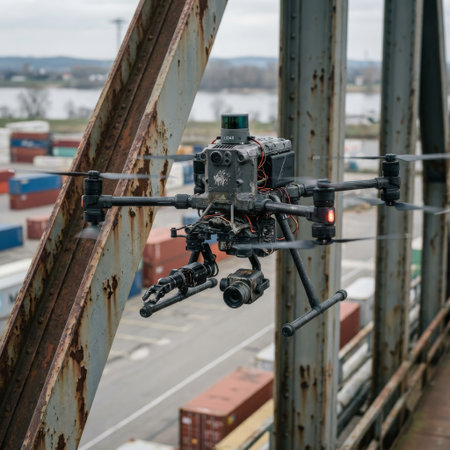 An advanced industrial quadcopter with LiDAR and a robotic gripper performs a detailed inspection of a rusty steel structure at a river port on an overcast day.の素材