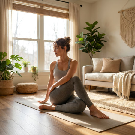 A calm woman practices a seated twist yoga pose on a mat in her sunlit living room, surrounded by plants and cozy decor, embracing a healthy and mindful lifestyle at home.の素材