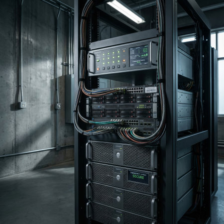 High-tech network server rack in a modern data center with concrete walls. Blinking green lights and a 'SECURE' display signify robust cybersecurity and data processing.の素材