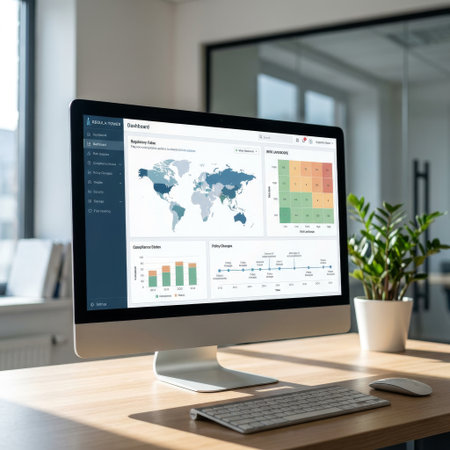 A modern computer on a sunlit wooden desk displays a complex business intelligence dashboard with a world map, charts, and a timeline for analyzing global risk and compliance.の素材
