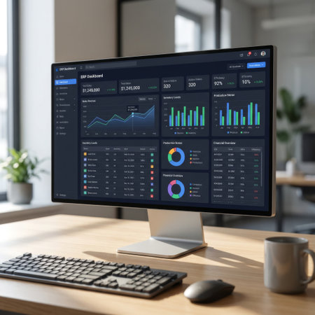 A modern office desk with a computer displaying a detailed ERP dashboard. Charts and graphs analyze sales, inventory, and financial data in a clean, sunlit workspace.の素材