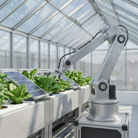 A high-tech robotic arm tends to leafy greens in a solar-powered hydroponic system inside a modern, sunlit greenhouse, illustrating the future of automated, sustainable farming.の素材