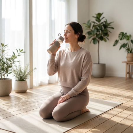 A serene woman rehydrates from a reusable bottle, taking a peaceful break on her yoga mat in a sun-drenched, plant-filled room.の素材